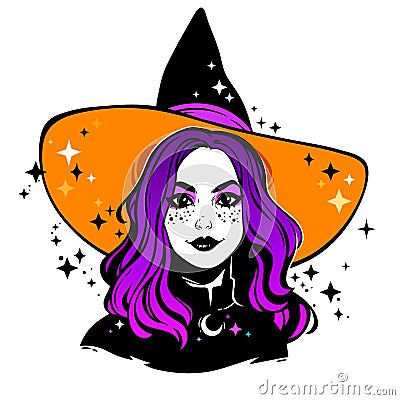 Cute young witch with beautiful iridescent hair Vector Illustration