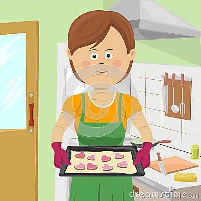 Cute young woman baking cookies in kitchen Vector Illustration