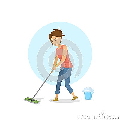 Cute young woman cleaning mopping floor, household chores Vector Illustration