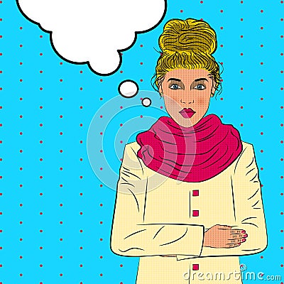 Cute young woman cold weather pop art retro style. Vector Illustration