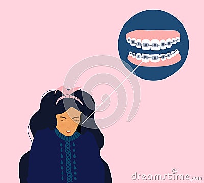 Cute young woman with dental braces on teeth. Orthodontics retainer or aligner. Bite correction concept. Vector Illustration