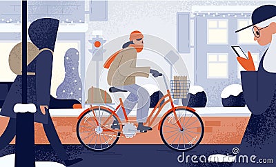 Cute young woman dressed in outerwear riding bicycle in winter. Girl cycling along snowy city street in cold weather Vector Illustration