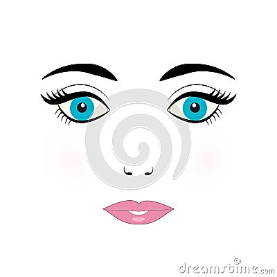 Cute young woman face vector illustration. Doll face with blue eyes, eyelashes, eyebrows and pink lips on white background Vector Illustration