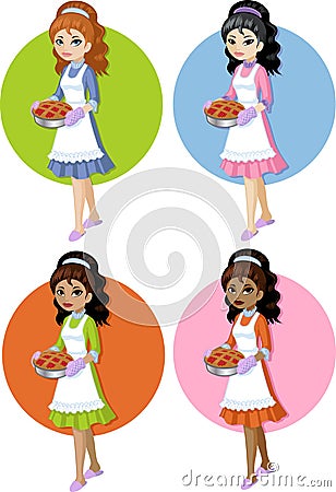 Cute young woman with homemade cake set on simple Vector Illustration