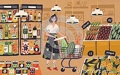 Cute young woman with shopping cart choosing and buying products at grocery store. Girl purchasing food at supermarket Vector Illustration