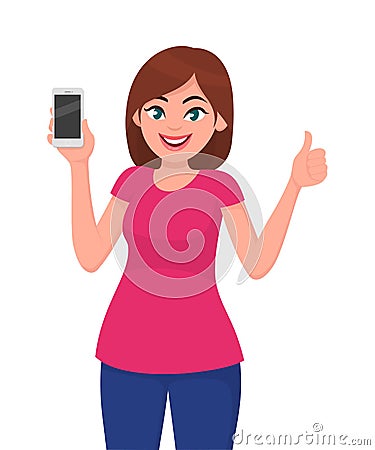 Attractive young woman showing smartphone and thumbs up sign Vector Illustration