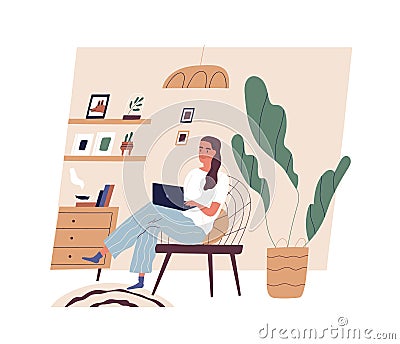 Cute young woman sitting on comfy chair with laptop computer in cozy room. Funny adorable girl working at home. Daily Vector Illustration