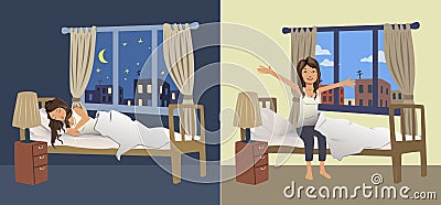 Young woman sleep at night in the bedroom and wake up in the morning. Vector illustration. Vector Illustration