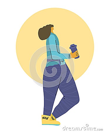 Cute young woman standing with blender bottle Vector Illustration