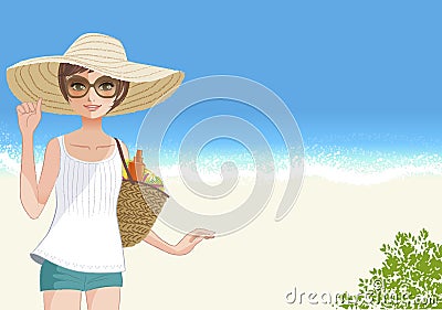 Cute young woman in straw wide brimmed hat smiling at beach Stock Photo