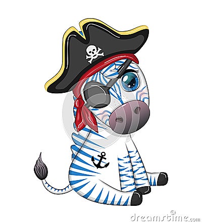 Cute zebra pirate in a cocked hat with an eye patch. Pirates and treasures, islands and palm trees Stock Photo