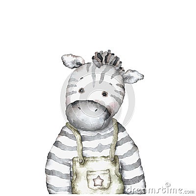 Cute zebra. watercolor illustration. portraits of cute animals. poster for the nursery. Cartoon Illustration