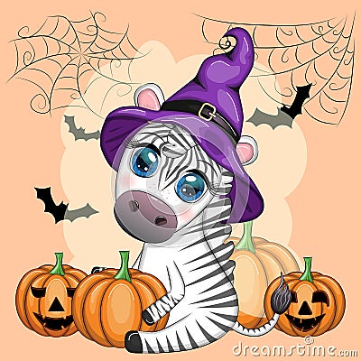 Cute zebra in witch hat, with broom, pumpkin jack, magic potion. Poster, card, label and decoration for Halloween Stock Photo