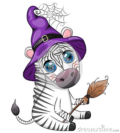 Cute zebra in witch hat, with broom, pumpkin jack, magic potion. Poster, card, label and decoration for Halloween Vector Illustration