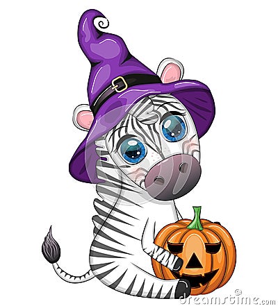 Cute zebra in witch hat, with broom, pumpkin jack, magic potion. Poster, card, label and decoration for Halloween Vector Illustration