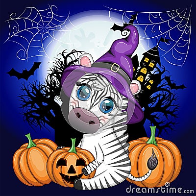 Cute zebra in witch hat, with broom, pumpkin jack, magic potion. Poster, card, label and decoration for Halloween Vector Illustration