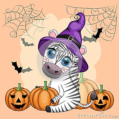 Cute zebra in witch hat, with broom, pumpkin jack, magic potion. Poster, card, label and decoration for Halloween Stock Photo