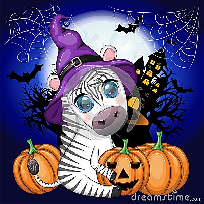 Cute zebra in witch hat, with broom, pumpkin jack, magic potion. Poster, card, label and decoration for Halloween Vector Illustration