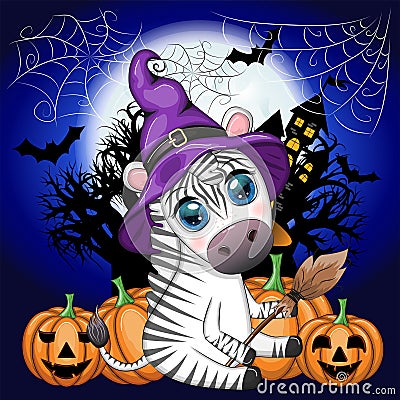 Cute zebra in witch hat, with broom, pumpkin jack, magic potion. Poster, card, label and decoration for Halloween Stock Photo