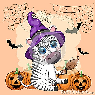 Cute zebra in witch hat, with broom, pumpkin jack, magic potion. Poster, card, label and decoration for Halloween Vector Illustration