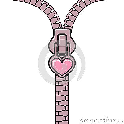 Cute zipper in form of small pink heart. Puppet style, dolls. Partially closed and open zipper. Vector illustration Stock Photo
