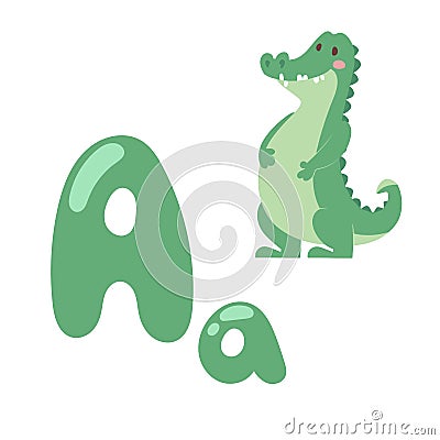 Cute zoo alphabet with cartoon animal crocodile isolated on white background and funny letter A wildlife learn Vector Illustration