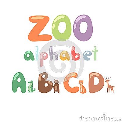 Cute zoo alphabet with cartoon animals isolated and funny letters wildlife learn typography cute language vector Vector Illustration