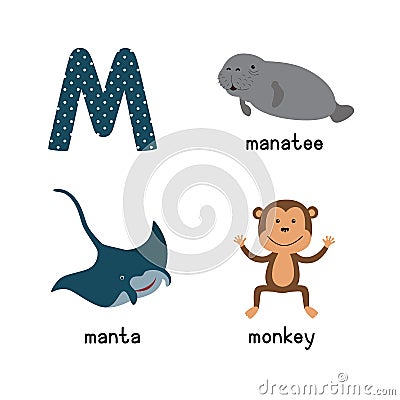 Cute zoo alphabet in .M letter. Funny cartoon animals: manatee, manta, monkey Cartoon Illustration