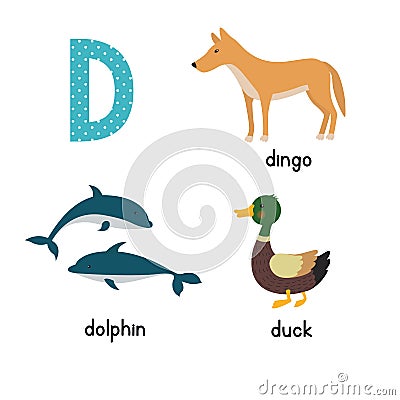 Cute zoo alphabet in vector.D letter. Funny cartoon animals: Dolphin, duck, dingo . Vector Illustration