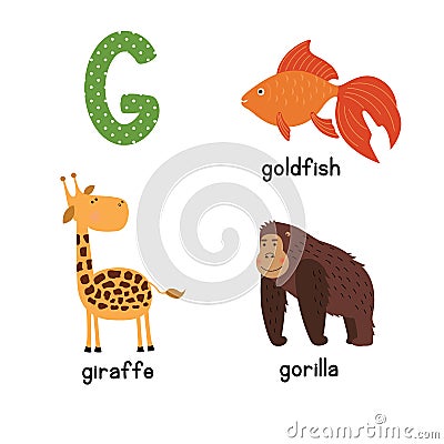 Cute zoo alphabet in vector. G letter. Funny cartoon animals: Goldfish giraffe, gorilla. Vector Illustration