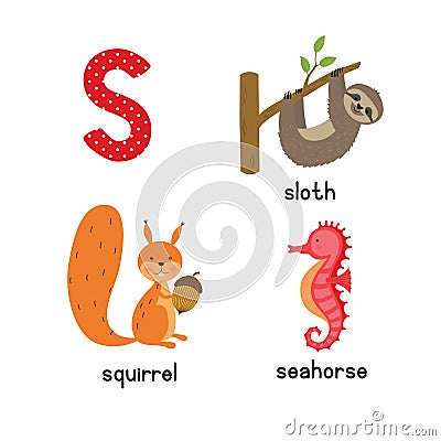 Cute zoo alphabet in vector.S letter. Funny cartoon animals: seahorse, squirrel, sloth. Vector Illustration