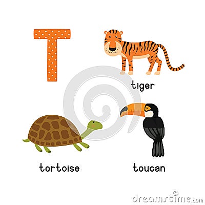 Cute zoo alphabet in vector.T letter. Funny cartoon animals: Tiger, Toucan,Tortoise Vector Illustration