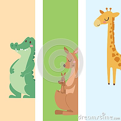 Cute zoo cartoon animals cards funny wildlife learn cute language and tropical nature safari mammal jungle tall Vector Illustration