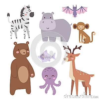 Cute zoo cartoon animals isolated funny wildlife learn cute language and tropical nature safari mammal jungle tall Vector Illustration