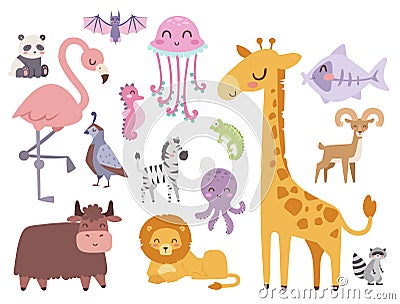 Cute zoo cartoon animals isolated funny wildlife learn cute language and tropical nature safari mammal jungle tall Vector Illustration