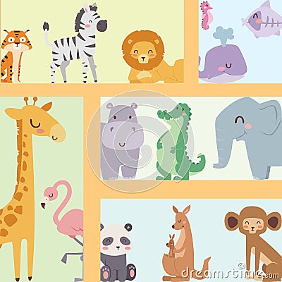 Cute zoo cartoon animals isolated funny wildlife learn cute language and tropical nature safari mammal jungle tall Vector Illustration