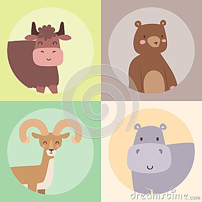 Cute zoo cartoon animals isolated funny wildlife learn cute language and tropical nature safari mammal jungle tall Vector Illustration