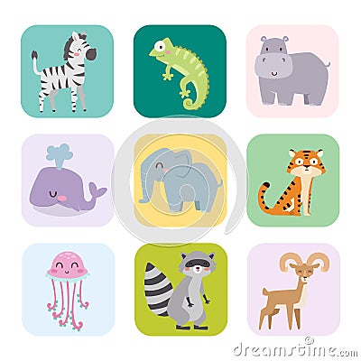 Cute zoo cartoon animals isolated funny wildlife learn cute language and tropical nature safari mammal jungle tall Vector Illustration