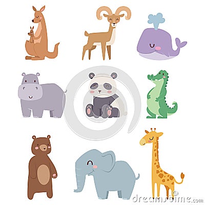 Cute zoo cartoon animals isolated funny wildlife learn cute language and tropical nature safari mammal jungle tall Vector Illustration