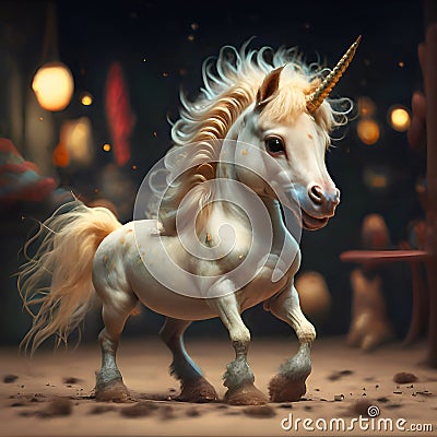 cutest adorable emotional Unicorn baby against night miracle background. Digital artwork. Ai generated Stock Photo