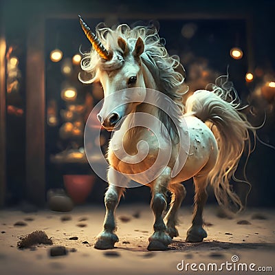 cutest adorable emotional Unicorn baby against night miracle background. Digital artwork. Ai generated Stock Photo