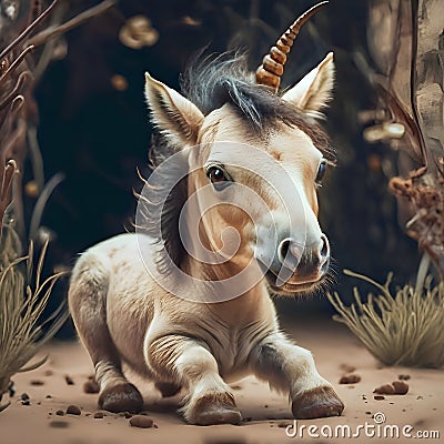 cutest adorable Unicorn baby around forest background. Digital artwork. Ai generated Stock Photo