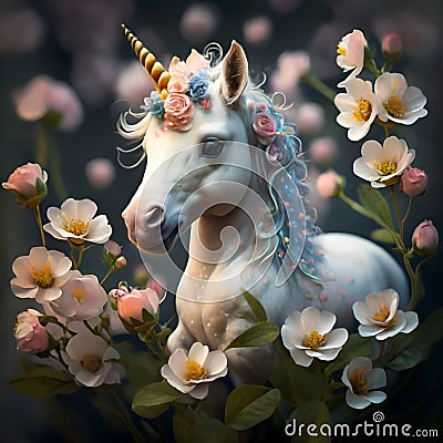 cutest adorable Unicorn baby with blue mane around flowers. Digital artwork. Ai generated Stock Photo