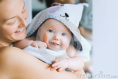 Cutest baby after bath with towel on head. Stock Photo