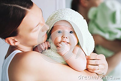 Cutest baby after bath with towel on head. Stock Photo