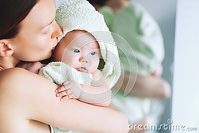 Cutest baby after bath with towel on head. Stock Photo