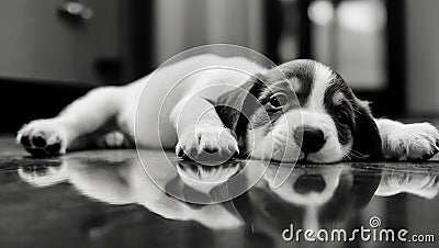 the cutest black and white photo of a Puppy's paws laying down reflection on a table Stock Photo