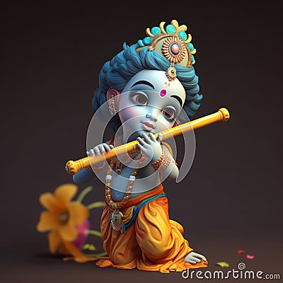 cutest 3d image of little krishna on black background generative AI Stock Photo