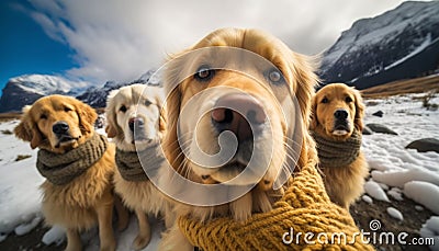 Cutest golden retriever group of friends taking selfie generative AI Stock Photo