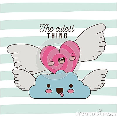 The cutest thing poster with heart and cloud with wings and colorful lines background Vector Illustration